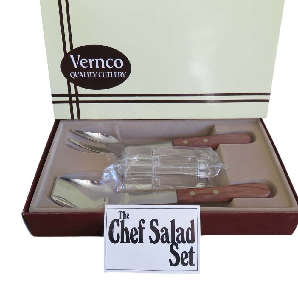 Vernco Chef Salad Set Wood Handle Stainless Spoon‎ Fork Salt & Pepper Grinder